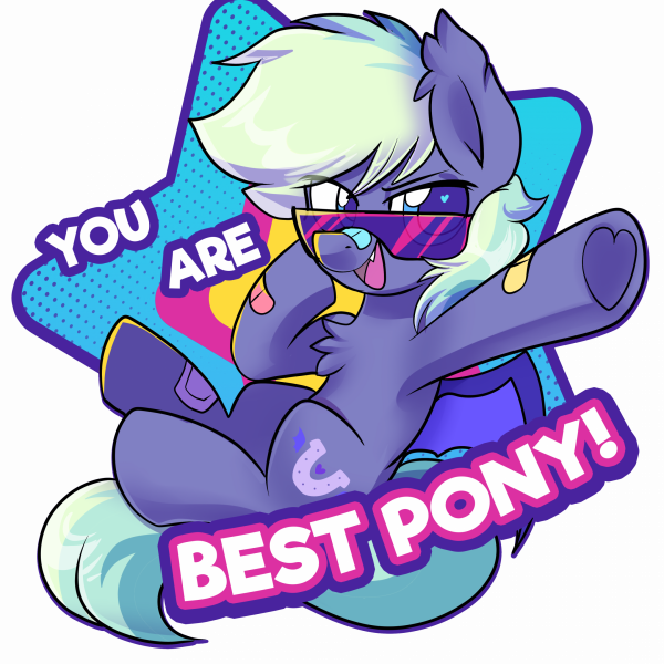 Holographic sticker design with Murphy smiling, wearing sunglasses, and pointing at the viewer with the text "YOU ARE BEST PONY" written on it